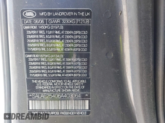 2006 Land Rover LR3 SE with VIN SALAE25406A403064, listed as a IAAI auction lot 42595982 with 236,497 mi miles and . Bid and sale history available at DreamBid. Image 9.