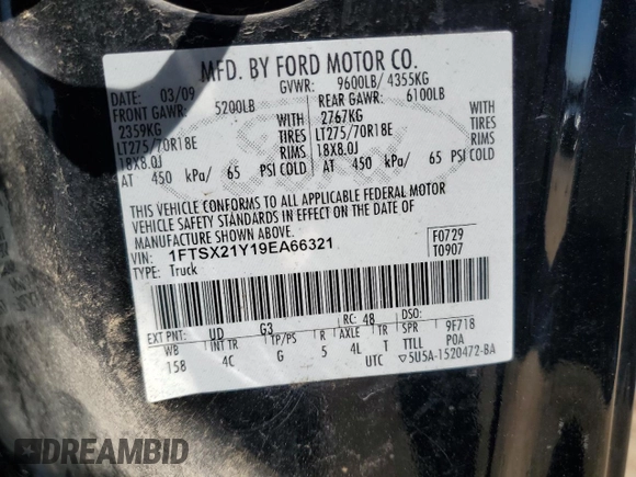 2009 Ford F-250 XL with VIN 1FTSX21Y19EA66321, listed as a Copart auction lot 48909585 with 71,808 mi miles and Clean title. Bid and sale history available at DreamBid. Image 12.