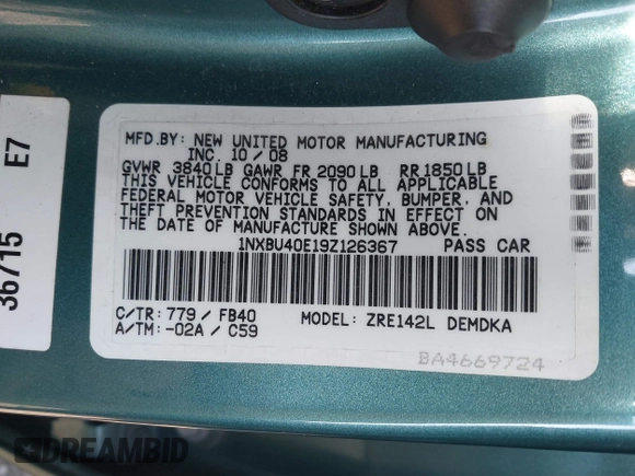 2009 Toyota Corolla with VIN 1NXBU40E19Z126367, listed as a IAAI auction lot 41551337 with 96,283 mi miles. Bid and sale history available at carsss.com. Image 9.