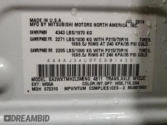 2015 Mitsubishi Outlander Sport SE z VIN 4A4AJ3AU9FE601433, wystawiony jako Copart lot #86500284 z przebiegiem 133 940 mil mil oraz Szkoda całkowita • Salvage title. Historia ofert i sprzedaży dostępna na DreamBid. Obrazek 13.
