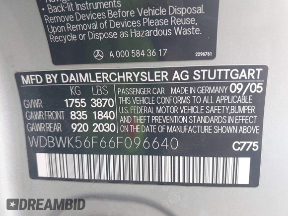 2006 Mercedes-Benz SLK 350 with VIN WDBWK56F66F096640, listed as a IAAI auction lot 42375574 with 88,657 mi miles and . Bid and sale history available at DreamBid. Image 9.