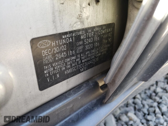 2003 Hyundai Santa Fe GLS with VIN KM8SC73D23U442536, listed as a Copart auction lot 53171725 with 131,554 mi miles and Salvage title. Bid and sale history available at DreamBid. Image 13.
