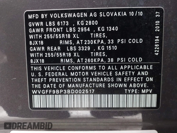 2011 Volkswagen Touareg Sport with VIN WVGFF9BP3BD002517, listed as a IAAI auction lot 42174143 with 156,337 mi miles and . Bid and sale history available at DreamBid. Image 9.
