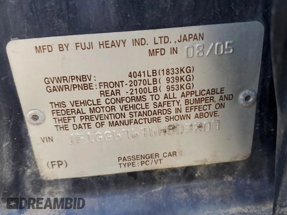 2006 Subaru Impreza i z VIN JF1GG67646H803207, wystawiony jako Copart lot #76921354 z przebiegiem 141 789 mil mil oraz Szkoda całkowita • Salvage title. Historia ofert i sprzedaży dostępna na DreamBid. Obrazek 13.