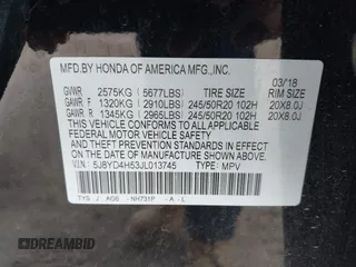 2018 Acura MDX Technology z VIN 5J8YD4H53JL013745, wystawiony jako IAAI lot #42197740 z przebiegiem Nie podano mil oraz . Historia ofert i sprzedaży dostępna na DreamBid. Obrazek 9.