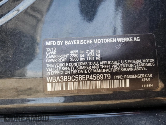 2014 BMW 3 Series 335i xDrive with VIN WBA3B9C58EP458979, listed as a Copart auction lot 53272855 with 120,565 mi miles and Salvage title. Bid and sale history available at DreamBid. Image 12.