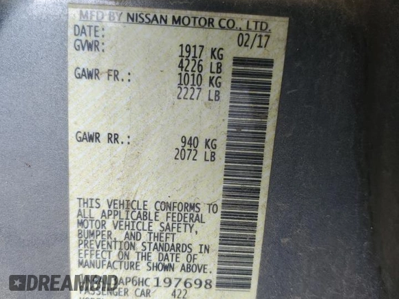 2017 Nissan Altima SR with VIN 1N4AL3AP6HC197698, listed as a Copart auction lot 59615945 with 110,377 mi miles and Salvage title. Bid and sale history available at DreamBid. Image 13.