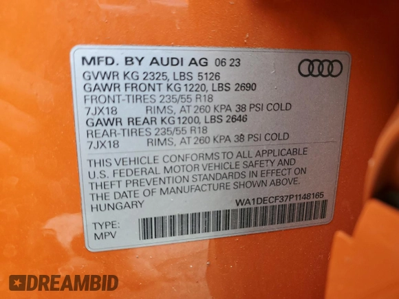 2023 Audi Q3 S line Premium z VIN WA1DECF37P1148165, wystawiony jako Copart lot #60192885 z przebiegiem 27 657 mil mil oraz Szkoda całkowita • Salvage title. Historia ofert i sprzedaży dostępna na DreamBid. Obrazek 13.