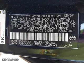2007 Toyota Camry CE with VIN JTNBE46KX73124355, listed as a IAAI auction lot 41861515 with 221,385 mi miles. Bid and sale history available at carsss.com. Image 9.
