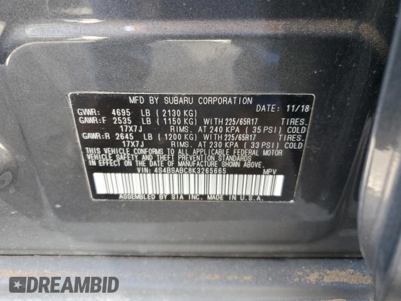 2019 Subaru Outback with VIN 4S4BSABC8K3265665, listed as a Copart auction lot 48700145 with 80,931 mi miles and Salvage title. Bid and sale history available at DreamBid. Image 14.