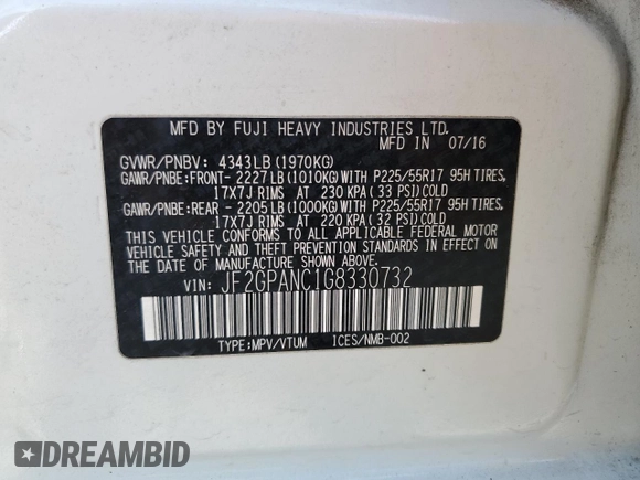 2016 Subaru Crosstrek Limited with VIN JF2GPANC1G8330732, listed as a Copart auction lot 52024235 with 89,936 mi miles and Clean title. Bid and sale history available at DreamBid. Image 13.