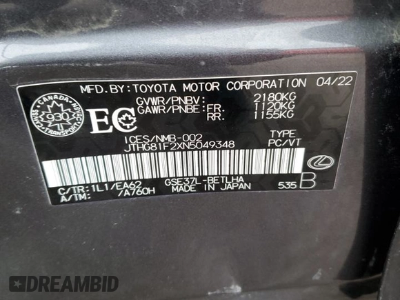 2022 Lexus IS 300 F Sport z VIN JTHG81F2XN5049348, wystawiony jako Copart lot #88201365 z przebiegiem 57 800 mil mil oraz Szkoda całkowita • Salvage title. Historia ofert i sprzedaży dostępna na DreamBid. Obrazek 13.
