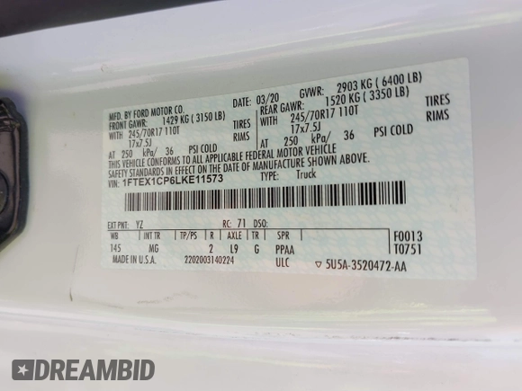 2020 Ford F-150 XL with VIN 1FTEX1CP6LKE11573, listed as a IAAI auction lot 41817595 with 76,298 mi miles and . Bid and sale history available at DreamBid. Image 9.
