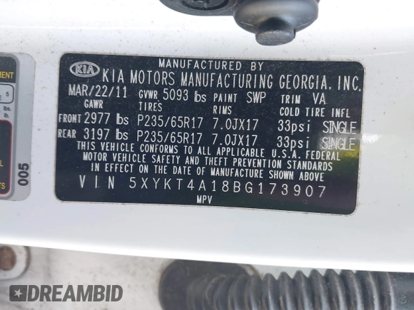 2011 Kia Sorento LX with VIN 5XYKT4A18BG173907, listed as a IAAI auction lot 41895550 with 187,889 mi miles. Bid and sale history available at carsss.com. Image 9.
