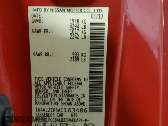 2010 Nissan Altima 2.5 S with VIN 1N4AL2EP5AC163486, listed as a Copart auction lot 45305245 with 174,572 mi miles and Salvage Title. Bid and sale history available at carsss.com. Image 12.