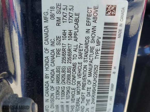 2018 Honda CR-V LX with VIN 2HKRW6H3XJH226252, listed as a Copart auction lot 53920605 with 70,961 mi miles and Salvage Title. Bid and sale history available at carsss.com. Image 13.