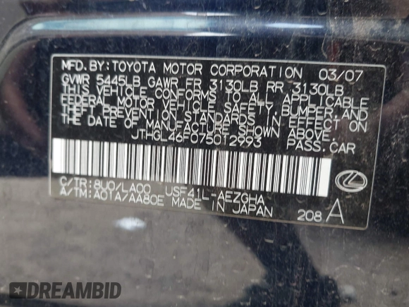 2007 Lexus LS 460 L with VIN JTHGL46F075012993, listed as a IAAI auction lot 42182467 with 115,180 mi miles and . Bid and sale history available at DreamBid. Image 9.