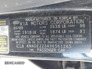 2009 Kia Rio LX with VIN KNADE223496561265, listed as a IAAI auction lot 42143889 with 235,634 mi miles and . Bid and sale history available at DreamBid. Image 9.