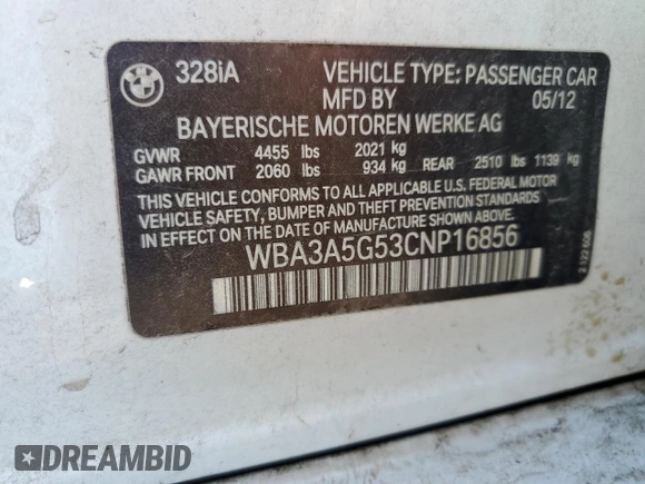 2012 BMW 3 Series 328i with VIN WBA3A5G53CNP16856, listed as a Copart auction lot 89186385 with 119,053 mi miles and Clean Title. Bid and sale history available at carsss.com. Image 12.