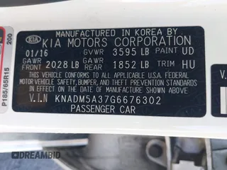2016 Kia Rio LX with VIN KNADM5A37G6676302, listed as a IAAI auction lot 41937880 with 51,599 mi miles and . Bid and sale history available at DreamBid. Image 9.