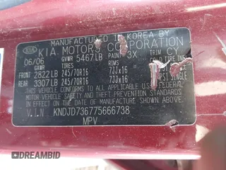 2007 Kia Sorento LX z VIN KNDJD736775666738, wystawiony jako IAAI lot #42371168 z przebiegiem 161 799 mil mil oraz . Historia ofert i sprzedaży dostępna na DreamBid. Obrazek 9.