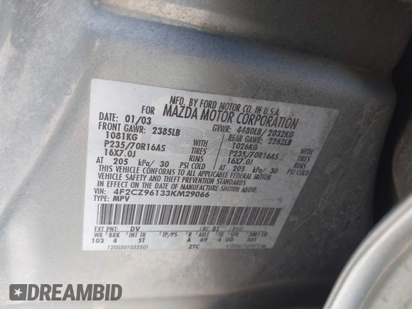 2003 Mazda Tribute ES with VIN 4F2CZ96133KM29066, listed as a IAAI auction lot 41581210 with 265,586 mi miles. Bid and sale history available at carsss.com. Image 9.
