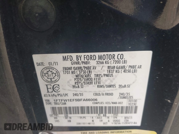 2011 Ford F-150 XL with VIN 1FTFW1EF5BFA66006, listed as a IAAI auction lot 42081229 with 175,161 mi miles. Bid and sale history available at carsss.com. Image 9.