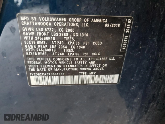 2019 Volkswagen Atlas SE с VIN 1V2DR2CA0KC501865, выставлен на аукционе Copart как лот 56335045 с пробегом 86 894 миль миль и Списание • Salvage title. История ставок и продаж доступна на DreamBid. Изображение 13.