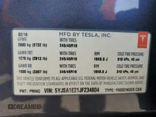 2018 Tesla Model S 75D с VIN 5YJSA1E21JF234804, выставлен на аукционе Copart как лот 56966355 с пробегом 56 379 миль миль и Списание • Salvage title. История ставок и продаж доступна на DreamBid. Изображение 12.