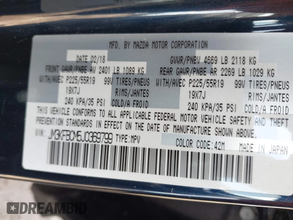 2018 Mazda CX-5 Touring with VIN JM3KFBCM5J0369799, listed as a IAAI auction lot 41895364 with 76,801 mi miles and . Bid and sale history available at carsss.com. Image 9.