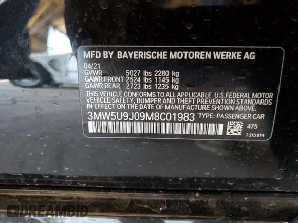 2021 BMW 3 Series M340i xDrive with VIN 3MW5U9J09M8C01983, listed as a Copart auction lot 50591655 with 0 mi miles and Salvage Title. Bid and sale history available at carsss.com. Image 12.