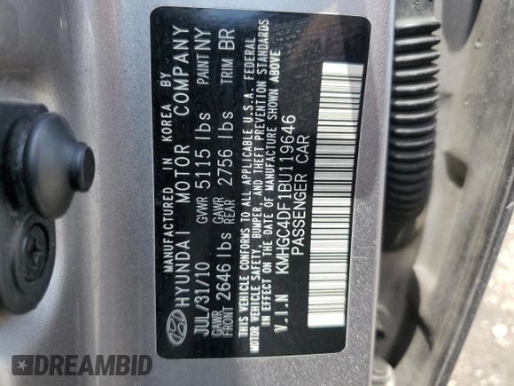 2011 Hyundai Genesis with VIN KMHGC4DF1BU119646, listed as a Copart auction lot 54144445 with Not Provided miles and Salvage Title. Bid and sale history available at DreamBid. Image 12.