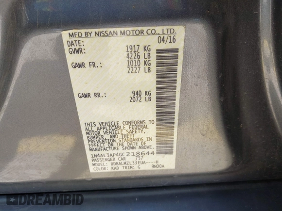 2016 Nissan Altima SV with VIN 1N4AL3AP4GC218644, listed as a IAAI auction lot 42001835 with 43,763 mi miles and . Bid and sale history available at DreamBid. Image 9.