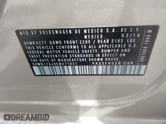 2014 Volkswagen Jetta SE with VIN 3VWD17AJ9EM271431, listed as a IAAI auction lot 42419304 with 143,599 mi miles and . Bid and sale history available at DreamBid. Image 9.