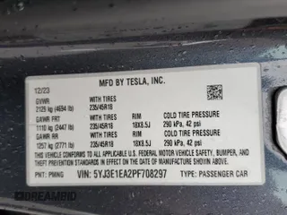 2023 Tesla Model 3 with VIN 5YJ3E1EA2PF708297, listed as a Copart auction lot 47982675 with 16,246 mi miles and Salvage title. Bid and sale history available at DreamBid. Image 14.