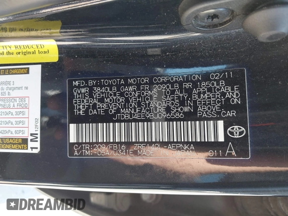 2011 Toyota Corolla L with VIN JTDBU4EE9BJ096586, listed as a IAAI auction lot 41992120 with 201,297 mi miles. Bid and sale history available at carsss.com. Image 9.