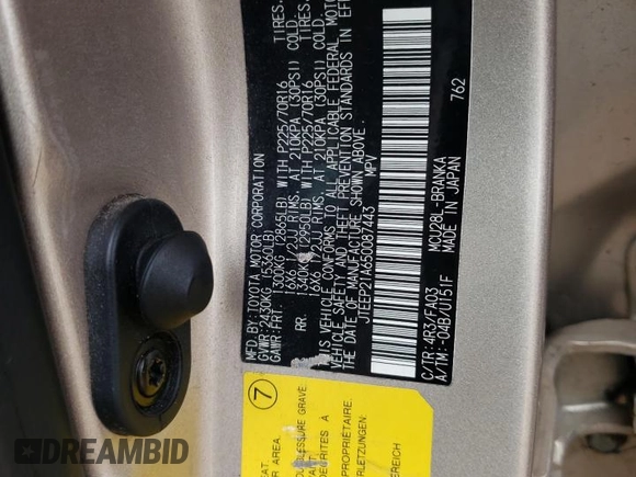2005 Toyota Highlander with VIN JTEEP21A650087443, listed as a Copart auction lot 86704434 with Not Provided miles and Salvage Title. Bid and sale history available at DreamBid. Image 13.