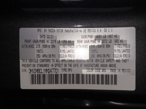 2021 Mazda CX-30 Preferred with VIN 3MVDMBCL1MM247701, listed as a IAAI auction lot 42299009 with 15,880 mi miles and . Bid and sale history available at DreamBid. Image 9.