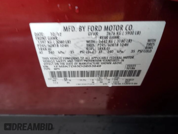 2013 Ford Explorer XLT z VIN 1FM5K7D93DGB53949, wystawiony jako Copart lot #49352655 z przebiegiem 167 439 mil mil oraz Szkoda całkowita • Salvage title. Historia ofert i sprzedaży dostępna na DreamBid. Obrazek 13.