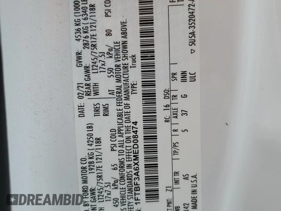2021 Ford F-350 XL с VIN 1FTBF3A6XMED08474, выставлен на аукционе Copart как лот 47417095 с пробегом 44 223 миль миль и Чистый • Clean title. История ставок и продаж доступна на DreamBid. Изображение 12.