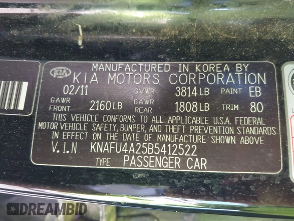 2011 Kia Forte EX with VIN KNAFU4A25B5412522, listed as a IAAI auction lot 40916886 with 1 mi miles. Bid and sale history available at carsss.com. Image 9.