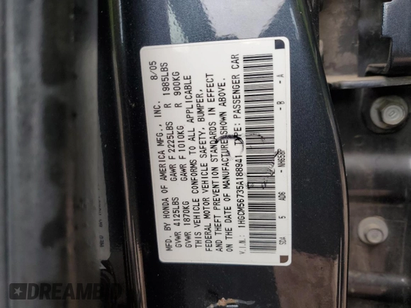 2005 Honda Accord EX with VIN 1HGCM56735A188941, listed as a Copart auction lot 48423325 with 121,311 mi miles and Salvage Title. Bid and sale history available at DreamBid. Image 14.