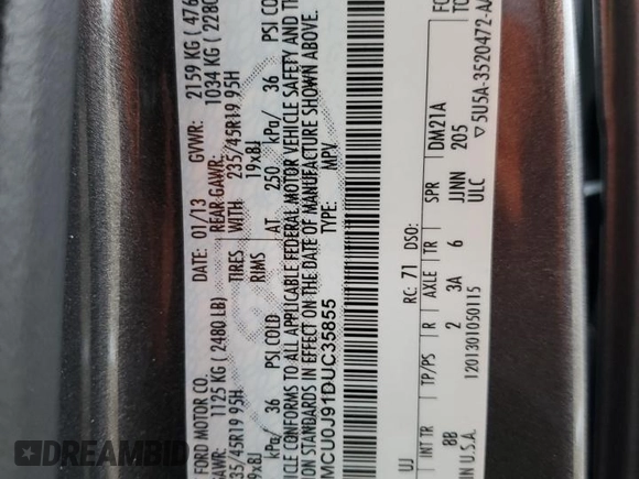 2013 Ford Escape Titanium with VIN 1FMCU0J91DUC35855, listed as a Copart auction lot 55986955 with 159,790 mi miles and Salvage title. Bid and sale history available at DreamBid. Image 14.