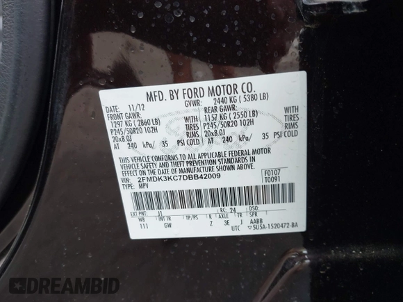 2013 Ford Edge Limited с VIN 2FMDK3KC7DBB42009, выставлен на аукционе IAAI как лот 42096661 с пробегом 147 343 миль миль и . История ставок и продаж доступна на DreamBid. Изображение 9.