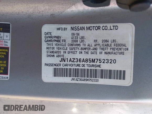 2005 Nissan 350Z Touring with VIN JN1AZ36A85M752320, listed as a IAAI auction lot 42001942 with 174,564 mi miles. Bid and sale history available at carsss.com. Image 9.