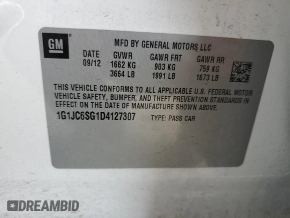 2013 Chevrolet Sonic LT with VIN 1G1JC6SG1D4127307, listed as a Copart auction lot 46739655 with 179,043 mi miles and Clean Title. Bid and sale history available at carsss.com. Image 12.