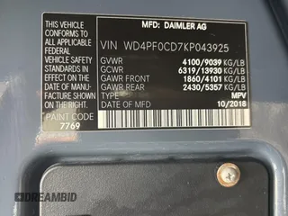 2019 Mercedes-Benz Sprinter Cargo with VIN WD4PF0CD7KP043925, listed as a Copart auction lot 54732745 with 75,694 mi miles and Clean Title. Bid and sale history available at carsss.com. Image 10.