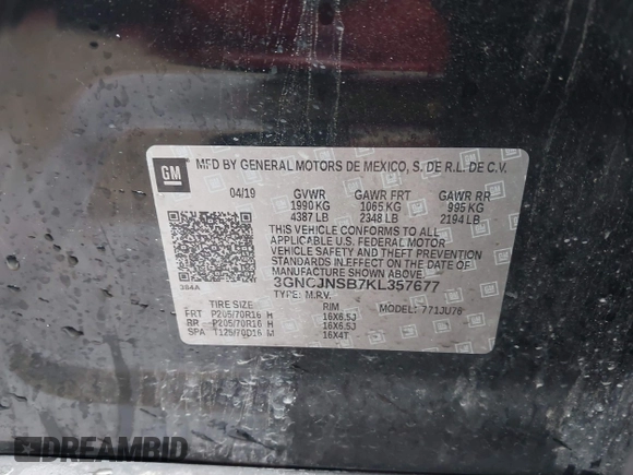 2019 Chevrolet Trax LS with VIN 3GNCJNSB7KL357677, listed as a IAAI auction lot 41897552 with 96,323 mi miles and . Bid and sale history available at DreamBid. Image 9.