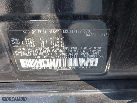 2013 Subaru Legacy 2.5i with VIN 4S3BMBA60D3026033, listed as a IAAI auction lot 41292503 with 162,948 mi miles. Bid and sale history available at carsss.com. Image 9.