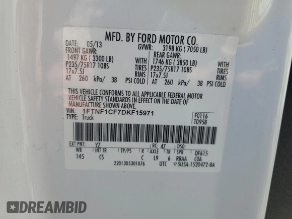 2013 Ford F-150 XL with VIN 1FTNF1CF7DKF15971, listed as a Copart auction lot 48487565 with 218,804 mi miles and Salvage Title. Bid and sale history available at carsss.com. Image 12.